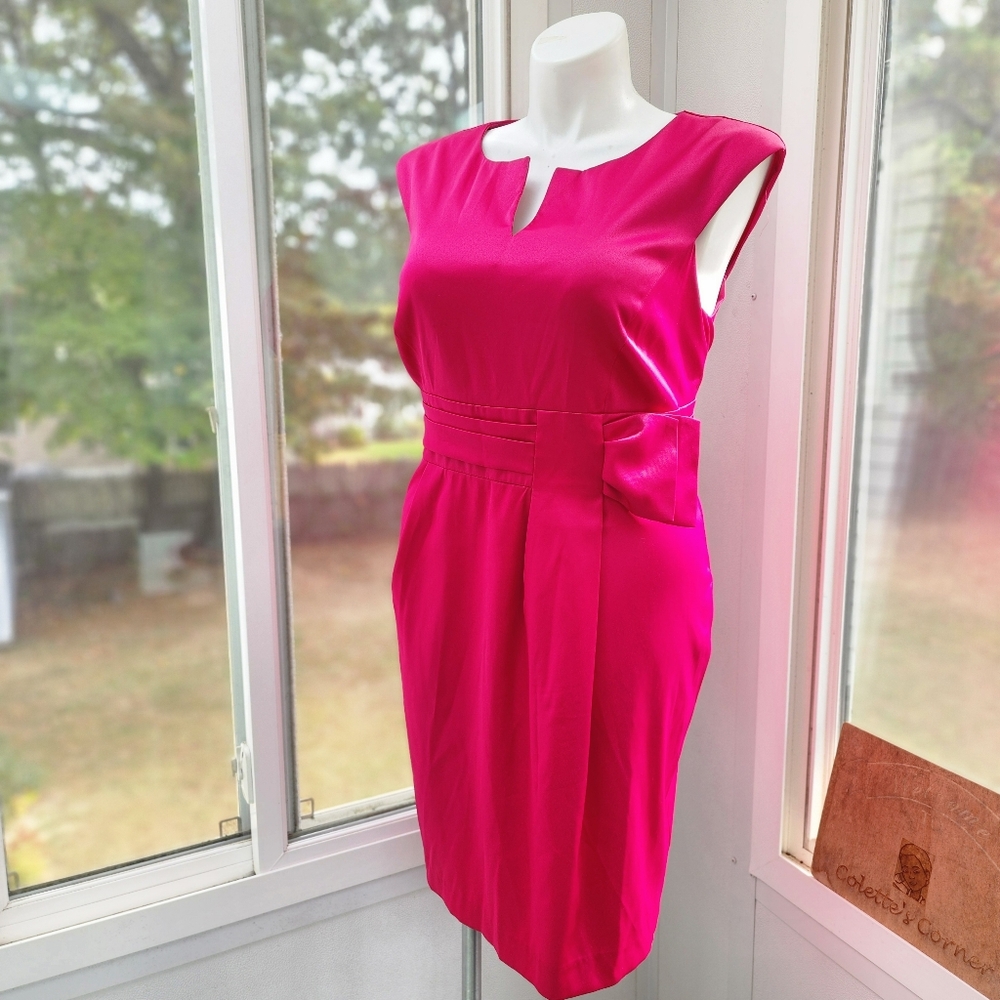 London Times Fushia Pink Midi Bow Tie Waist Dress